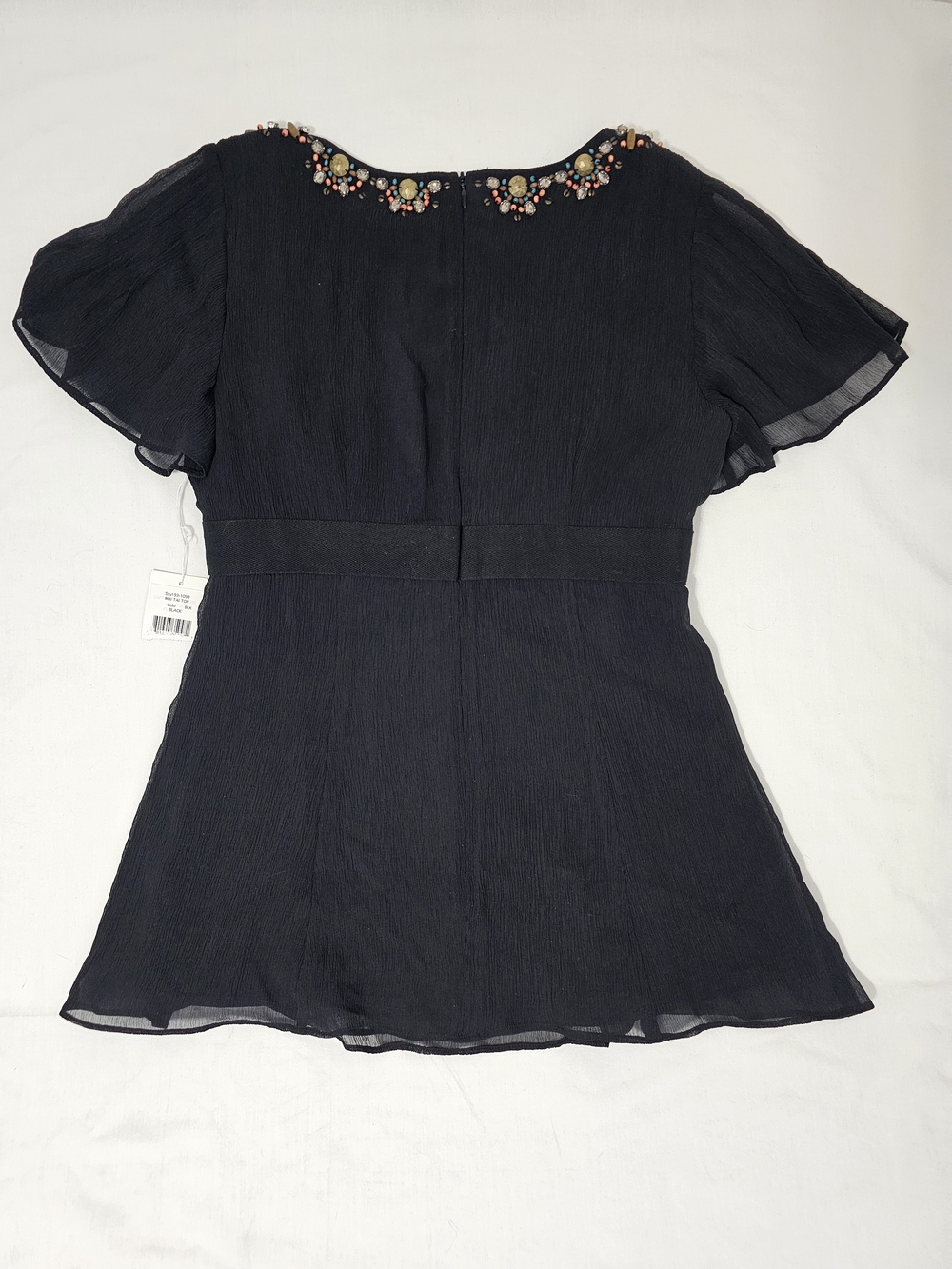 Nanette Lepore 100% Silk Embellished Beaded Flutter Sleeve Tunic Blouse Top Blk - Picture 4 of 9